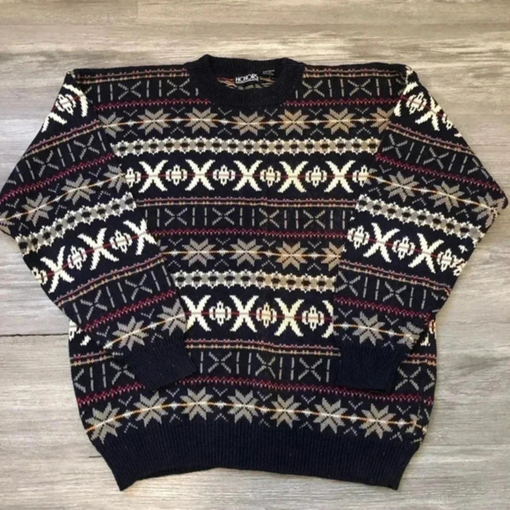 Vintage 90s Honors Geometric‎ All over Print Acrylic Knit Sweater Size Large